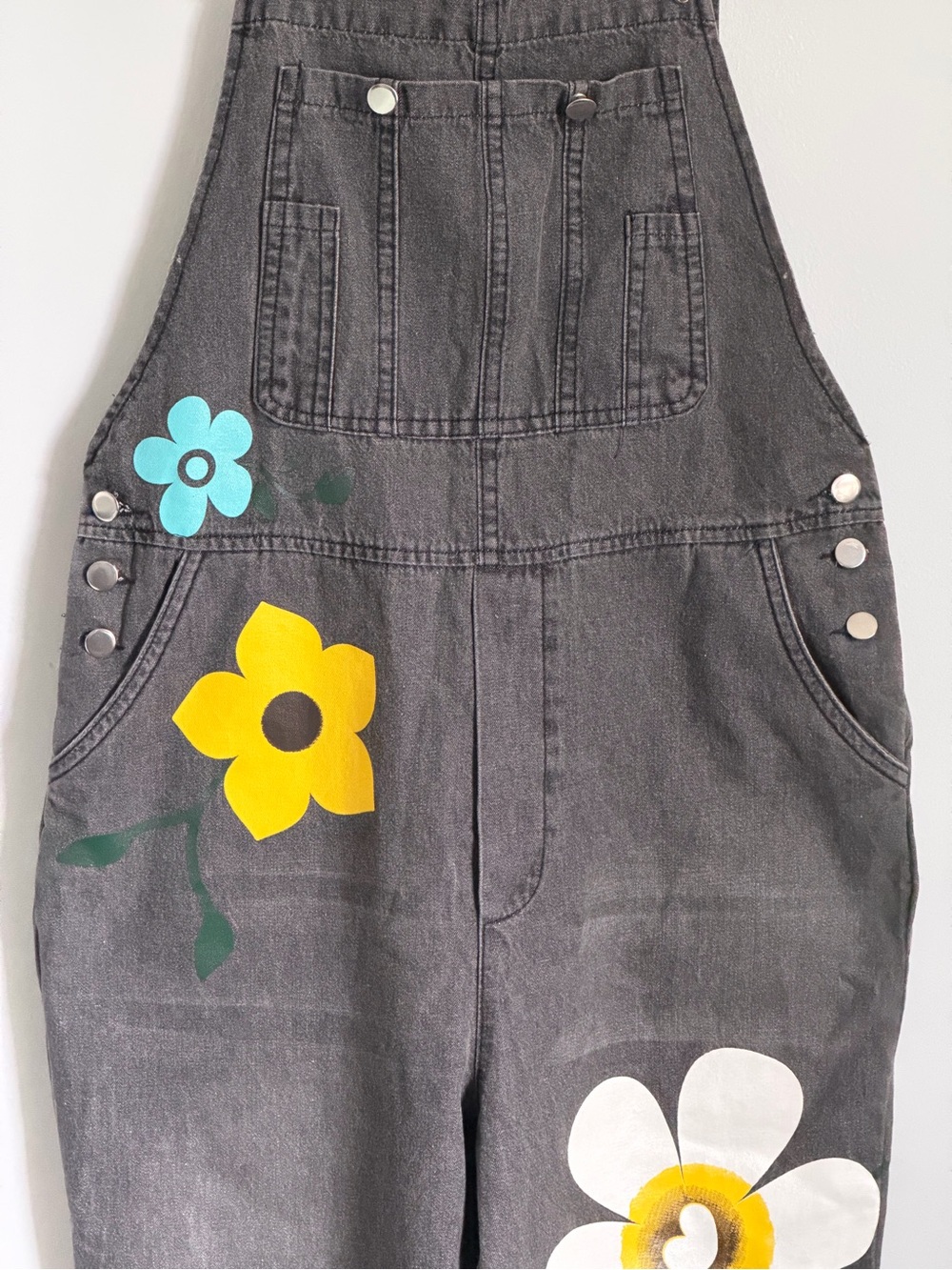 Hand-Painted Black Floral Denim Overalls Jumpsuit - Picture 4 of 8